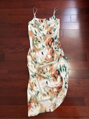 abstract print spaghetti strap high slit ruched dress SHEIN | Dresses | Shein White Maxi With Bold Orange Floral comb: Clothing - 5 Dresses-Sale
